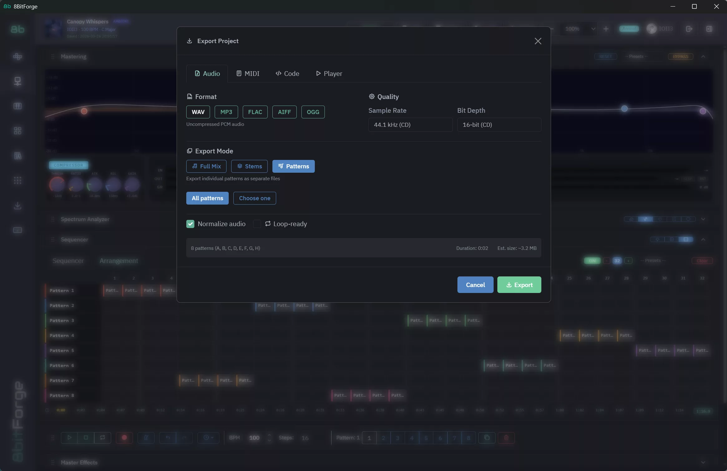 8BitForge Export — WAV, MP3, FLAC, AIFF, OGG formats with stems and patterns