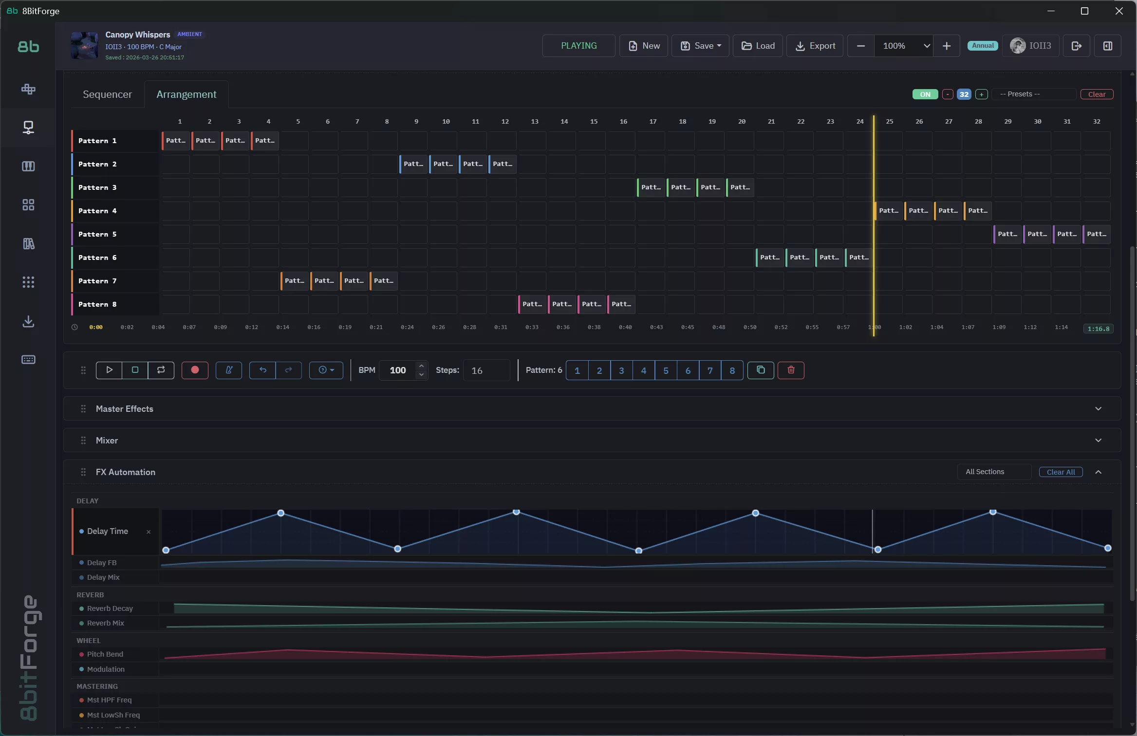 8BitForge Mixer — per-track faders, EQ, compression, and automation lanes