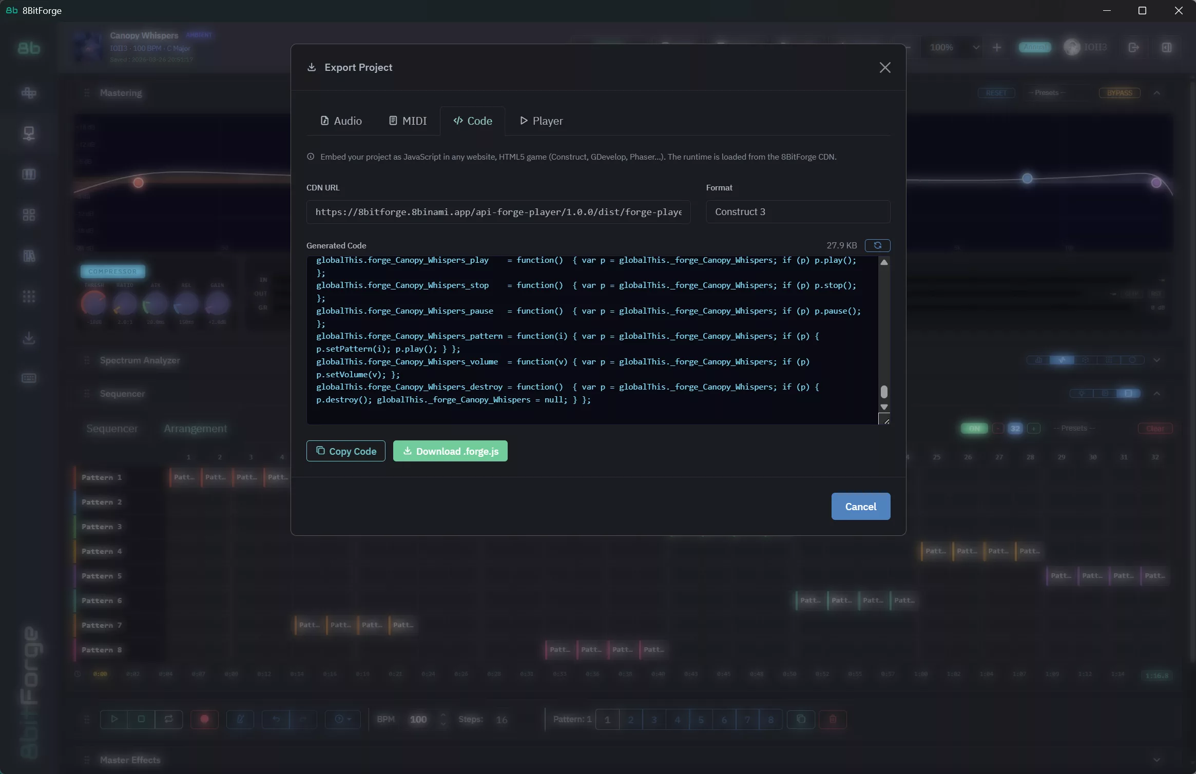 8BitForge Code Export — Construct 3, GDevelop, Phaser, Generic JS