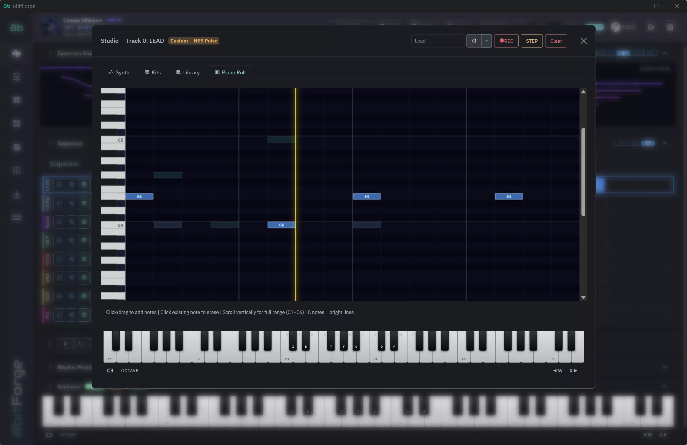 8BitForge Piano Roll — note-level editing on a 65-note canvas