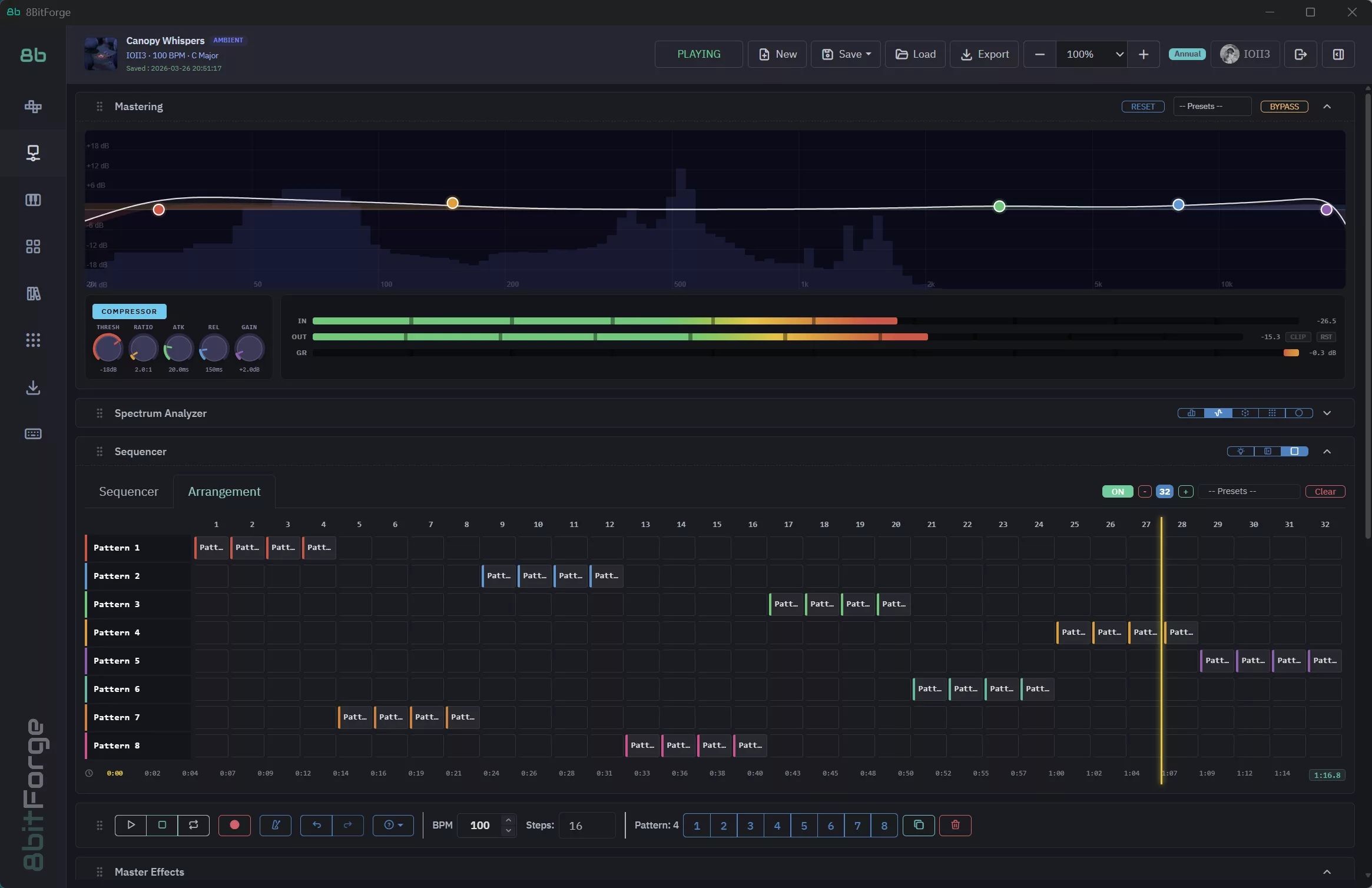 8BitForge Mastering — 5-band EQ, compression, and spectrum analyzer