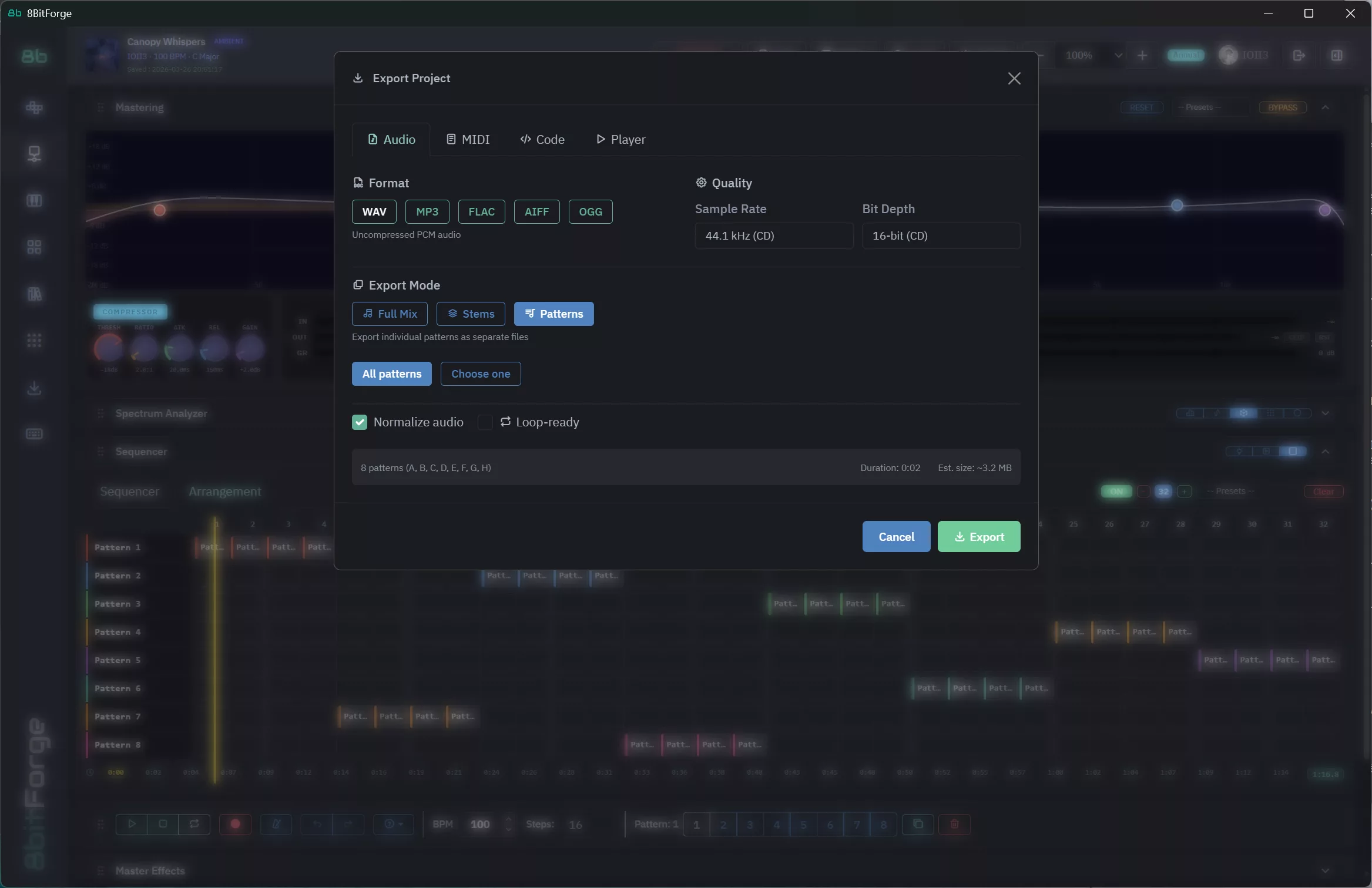 8BitForge Export — WAV, MP3, FLAC, AIFF, OGG, stems, and MIDI export