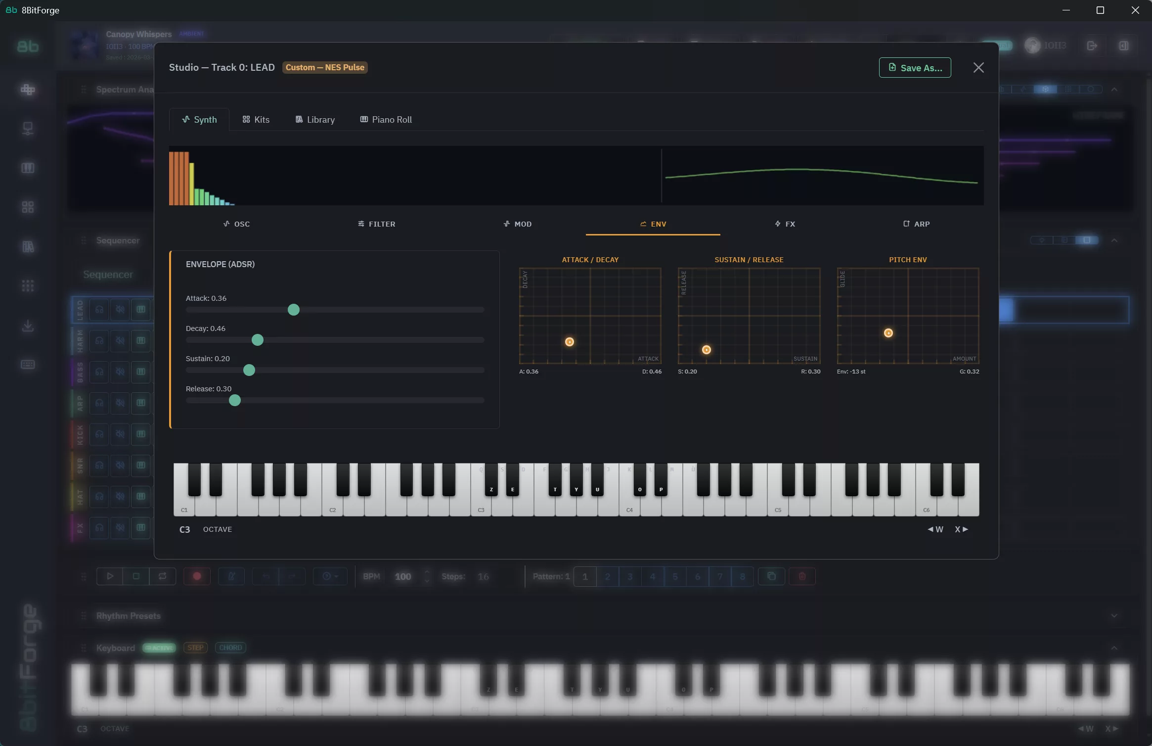 8BitForge Synthesizer — oscilloscope, waveforms, tuning, unison, and filter controls