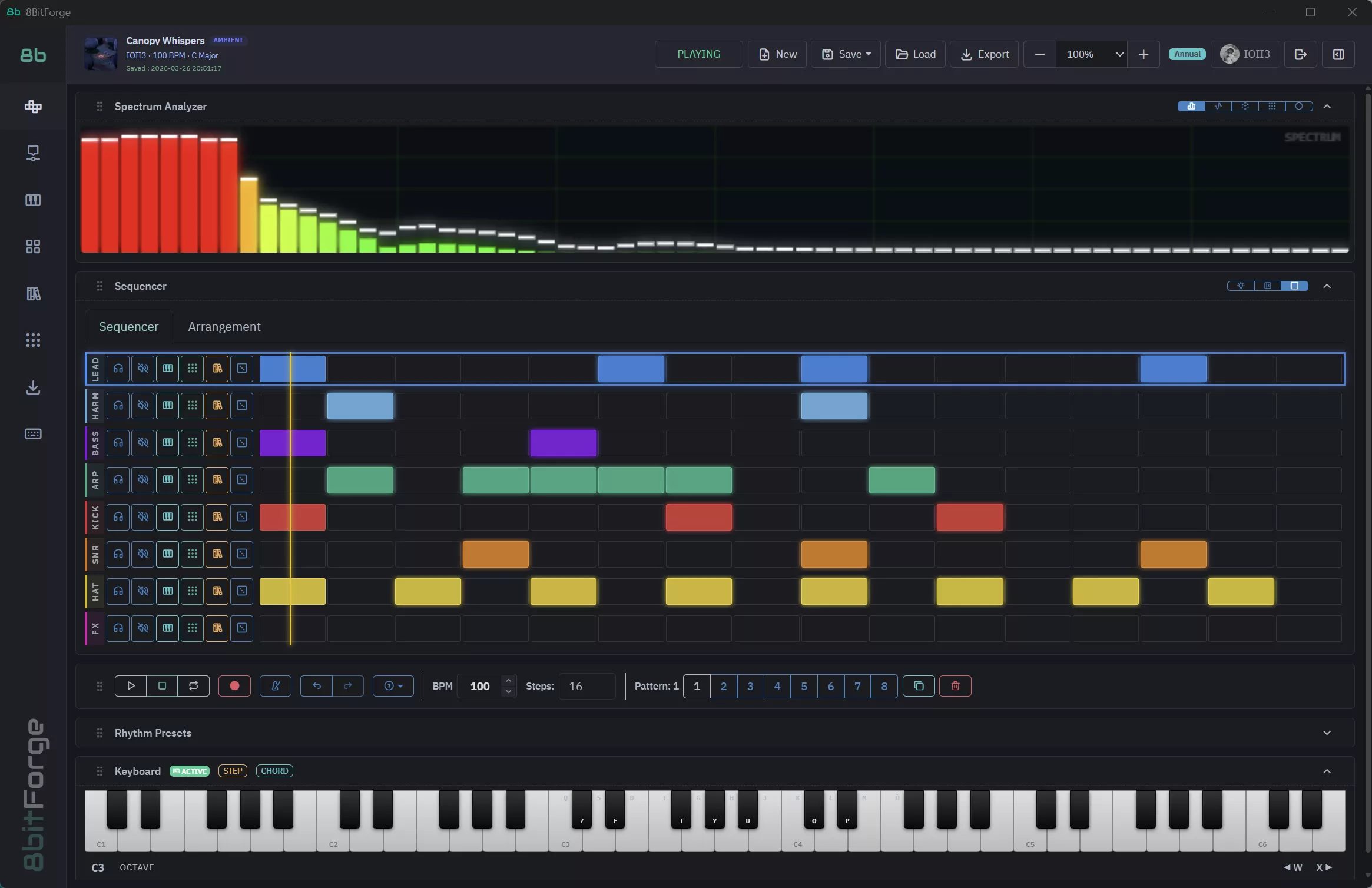 8BitForge Step Sequencer — 8 tracks with color-coded patterns on a 16-step grid