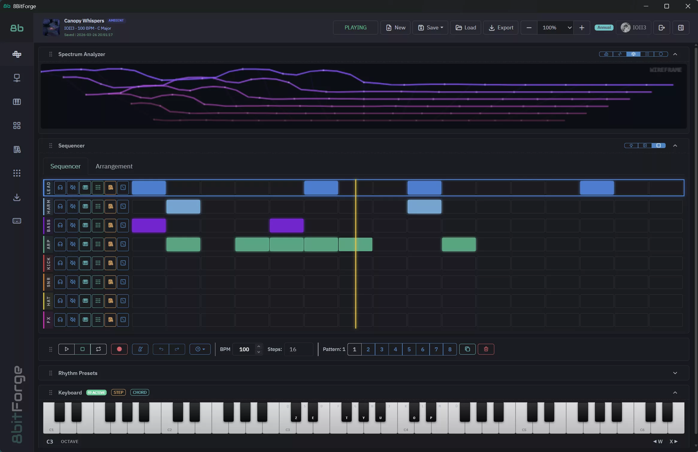 8BitForge Step Sequencer — 8 tracks, patterns, and real-time spectrum analyzer